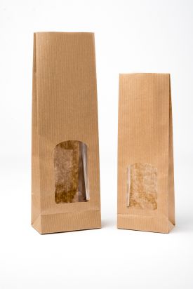 BLOCK BOTTOM BAGS IN BROWN STRIPED PAPER WITH WINDOWS