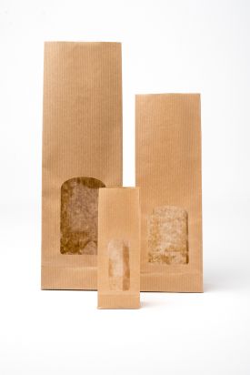 BLOCK BOTTOM BAGS IN BROWN STRIPED PAPER WITH WINDOWS